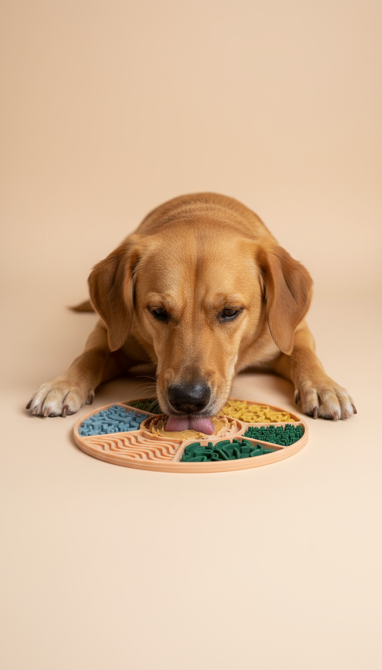 Dog using a textured lick mat for enrichment